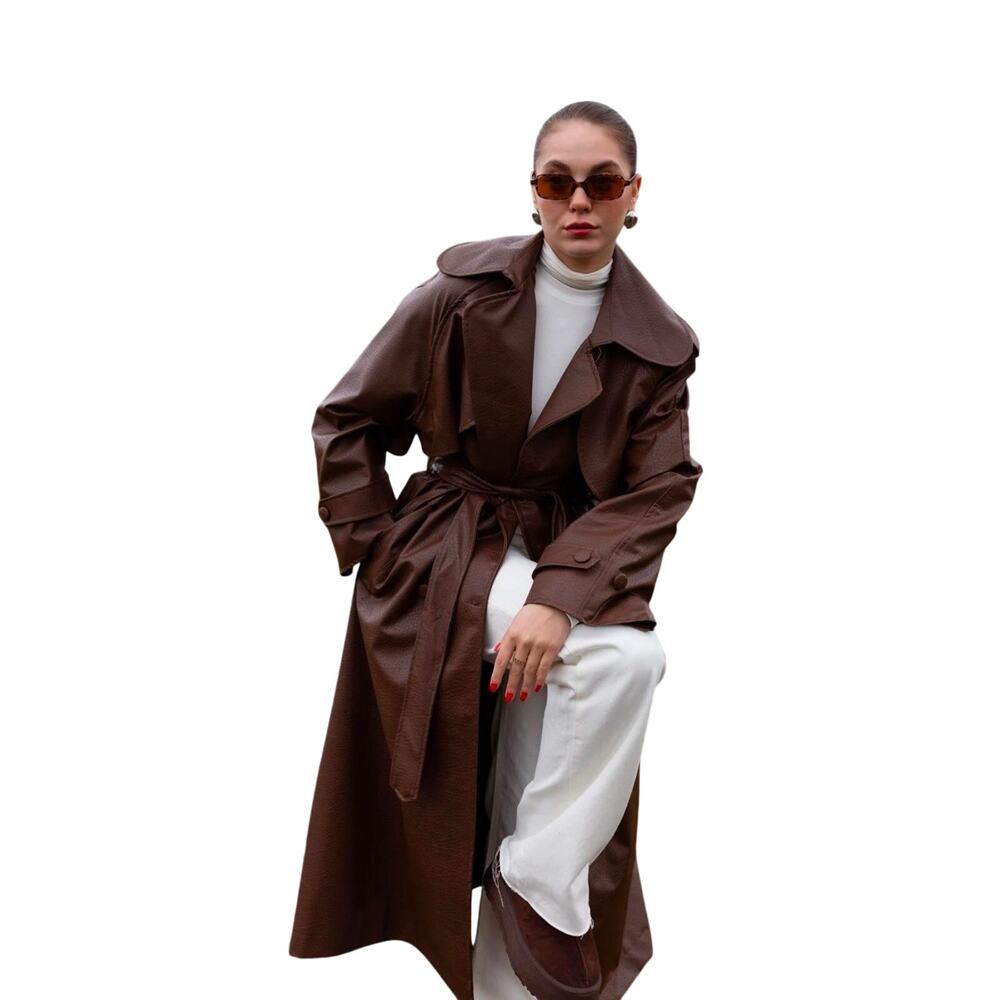 Brown Faux Leather Trench Coat with Belt – Brand New - Picture 2 of 8